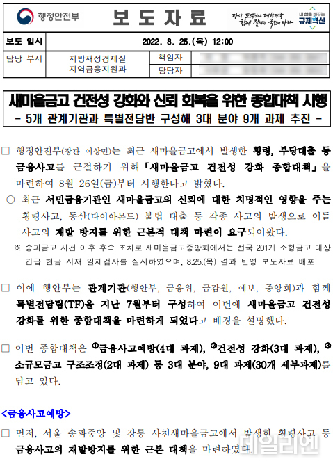 행정안전부가 지난해 8월 배포한 새마을금고 건전성 강화 종합대책 시행에 관한 보도자료
