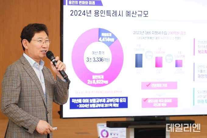  이상일 용인특례시장이 남사읍 주민소통간담회 참석자들에게 용인특례시의 예산 현황을 설명하고 있다.