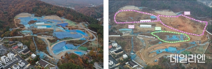 용인특례시 수지구 고기동의 노인복지주택 공사현장의 토사반출 전(왼쪽)과 후(오른쪽) 모습
