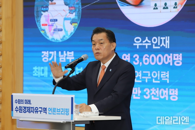 이재준 수원시장이 25일 수원시청 중회의실에서 열린 민선8기 3주년 기자회견에서 ‘봉화 청량산 수원 캠핑장’ 조성 배경과 지방 상생 전략을 설명하고 있다. 이 시장은 “청량산 캠핑장은 여가복지 실현과 지방소멸 대응을 동시에 이루는 미래형 투자”라고 강조했다.