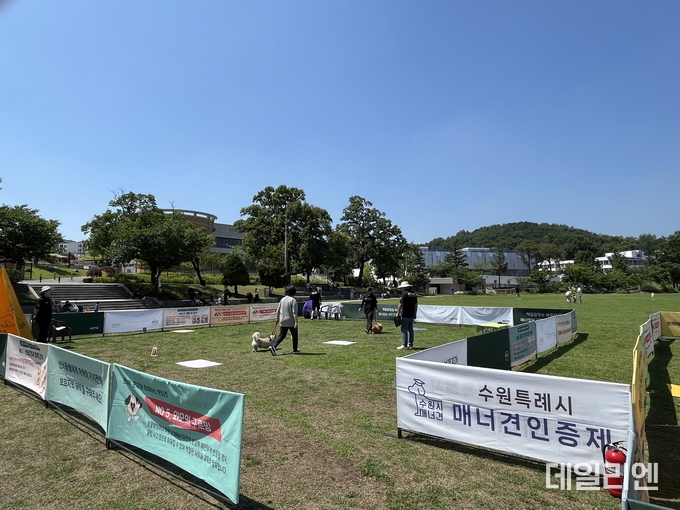 수원특례시가 운영하는 '매너견 인증제' 현장에서 반려견과 보호자들이 공공예절 테스트에 참여하고 있다. 이번 인증제를 통해 매너견 10마리와 교육 인증견 32마리가 배출됐다.