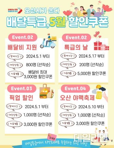 오산시, 공공배달앱「배달특급」5월 할인쿠폰 4종 쏜다