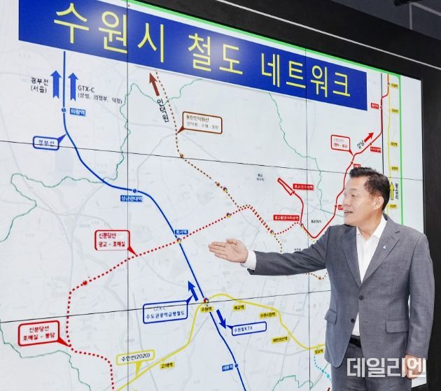 이재준 수원시장이 수원시의 격자형 광역철도망을 설명하고 있다.