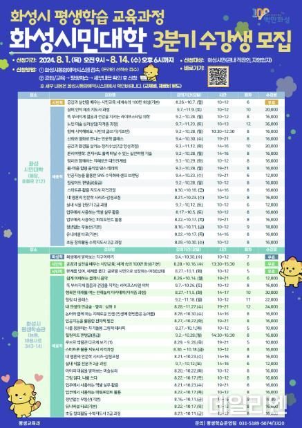 화성시, 평생학습 교육과정 화성시민대학 2024년 3분기 수강생 모집