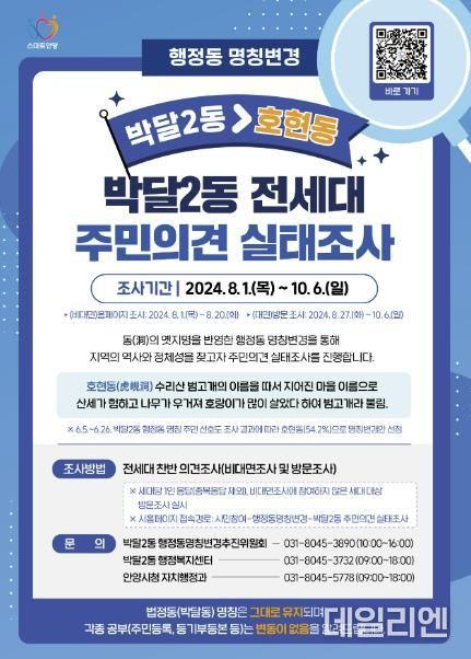 안양시, ‘박달2동→호현동’ 행정동 명칭변경 주민의견 듣는다