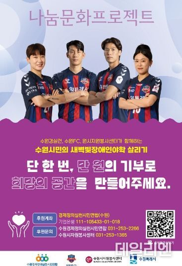 시민구단인 수원FC와 수원FC위민 선수들이 참여한 수원새벽빛 장애인야학 살리기 포스터.