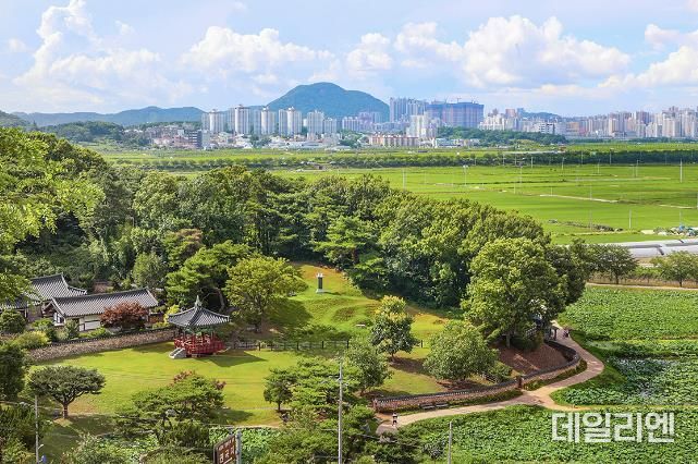 강희맹 선생이 전당홍을 심었다고 알려지는 관곡지 전경. 옆쪽으로 연꽃테마공원이 펼쳐진다